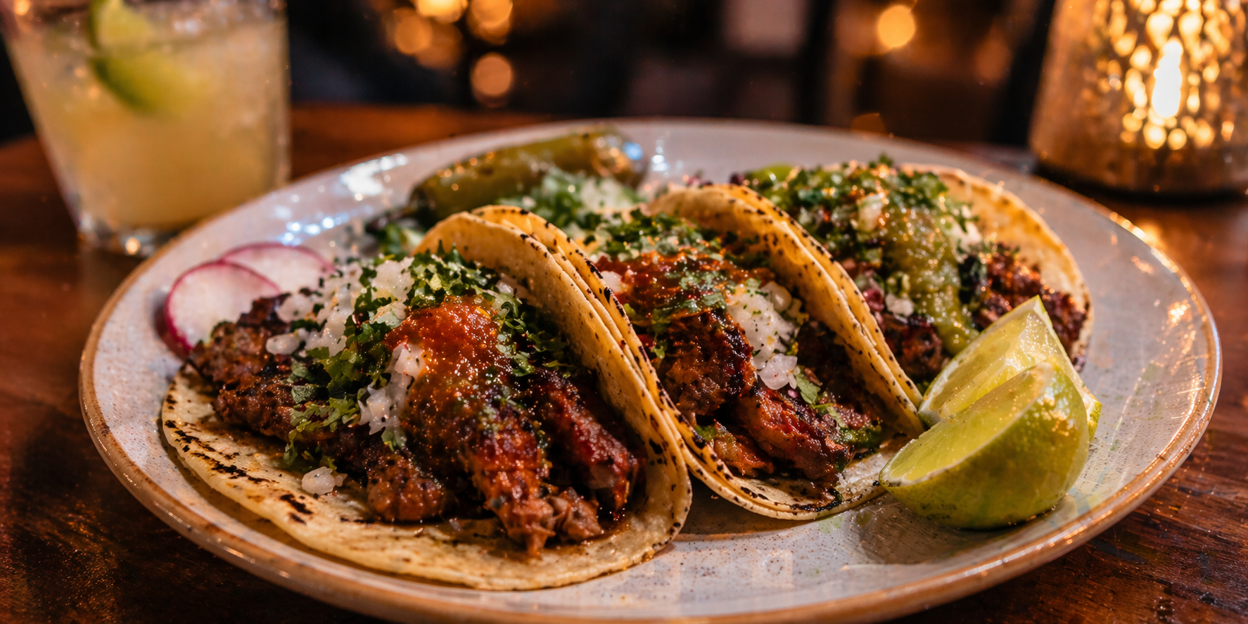 Austin tacos served with colorful salsas and fresh toppings