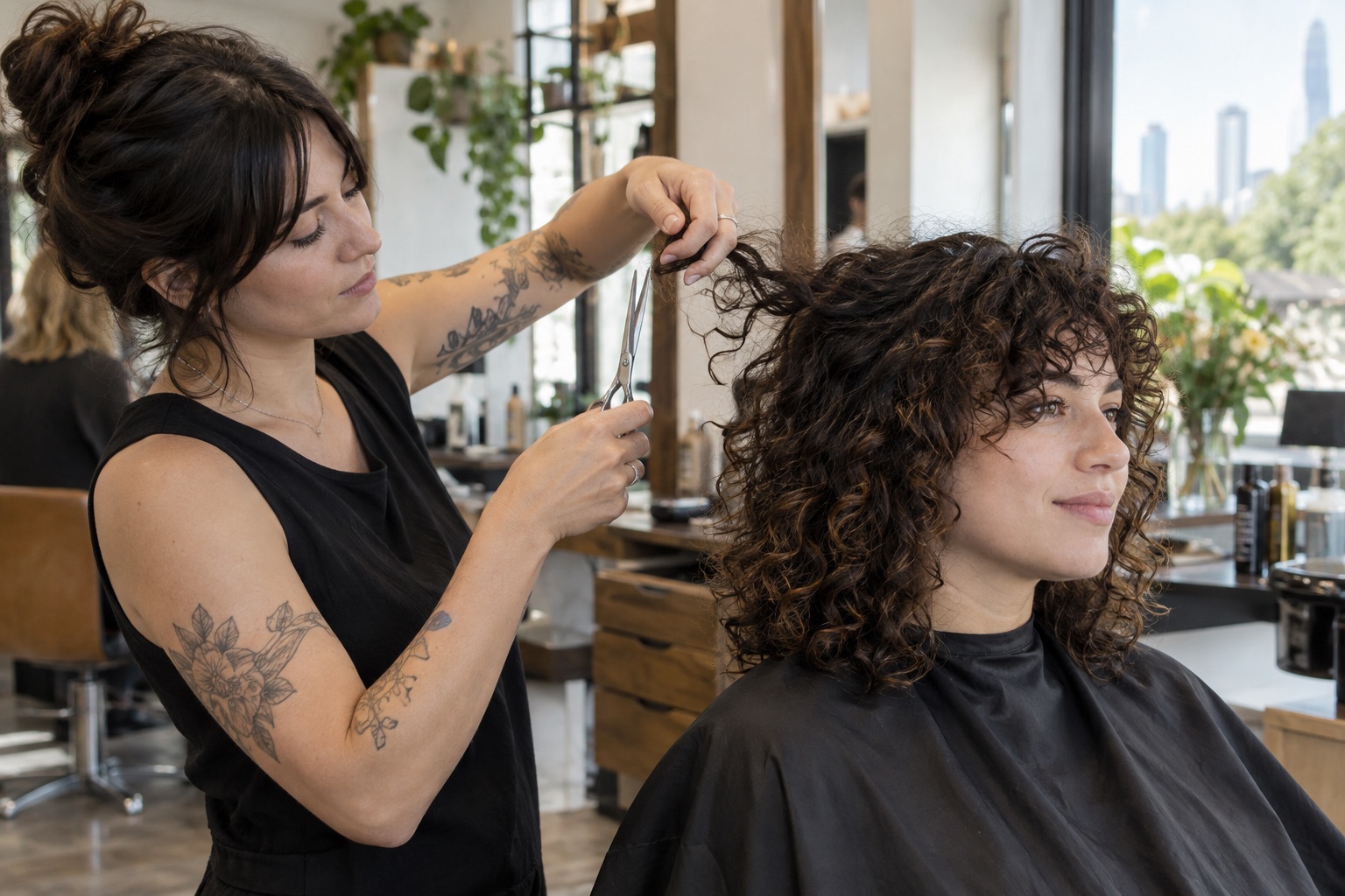 Stylist shaping a client's curly hair in a salon; illustrative image, not a pictured Austin business