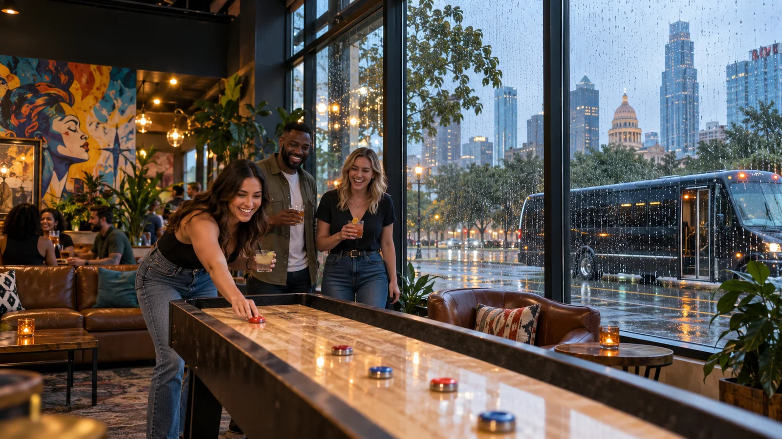 Friends playing shuffleboard inside an Austin venue while rain falls outside and a party bus waits nearby