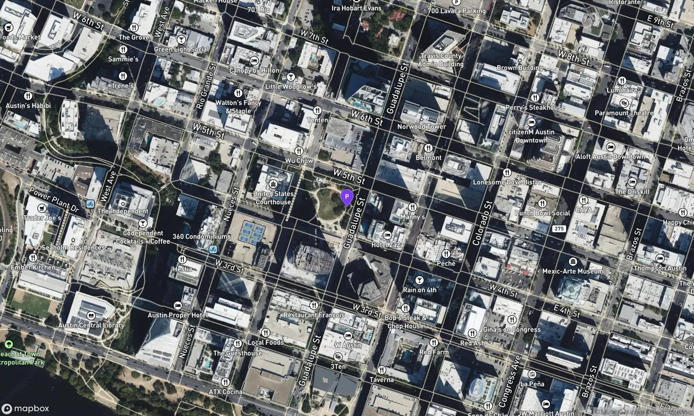 Satellite view of Republic Square and surrounding downtown Austin blocks