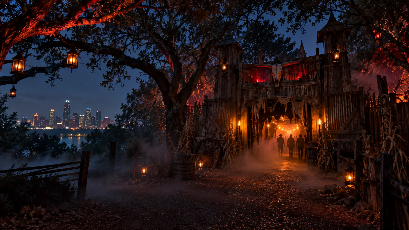 A theatrical haunted attraction beneath live oak trees with the Austin skyline at night